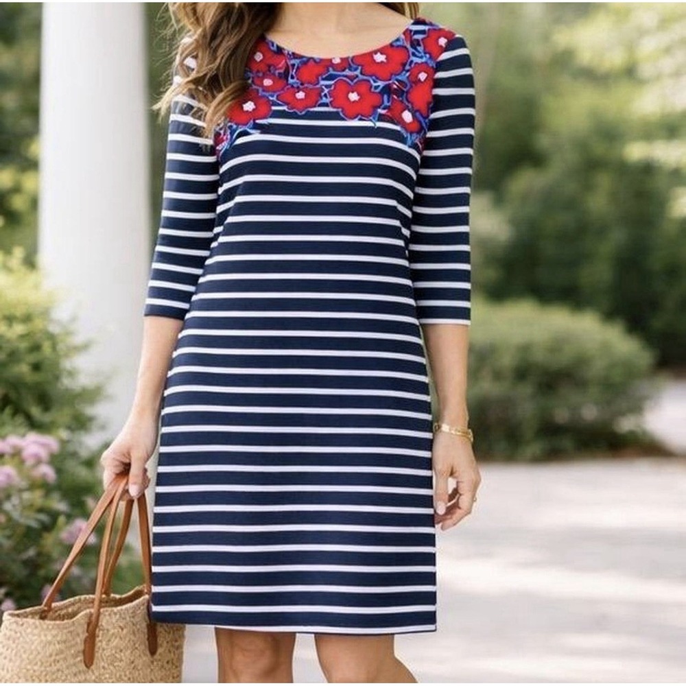 Talbots Flowers and Stripes Floral Striped Knit Dress Size Med Blue Red Coastal